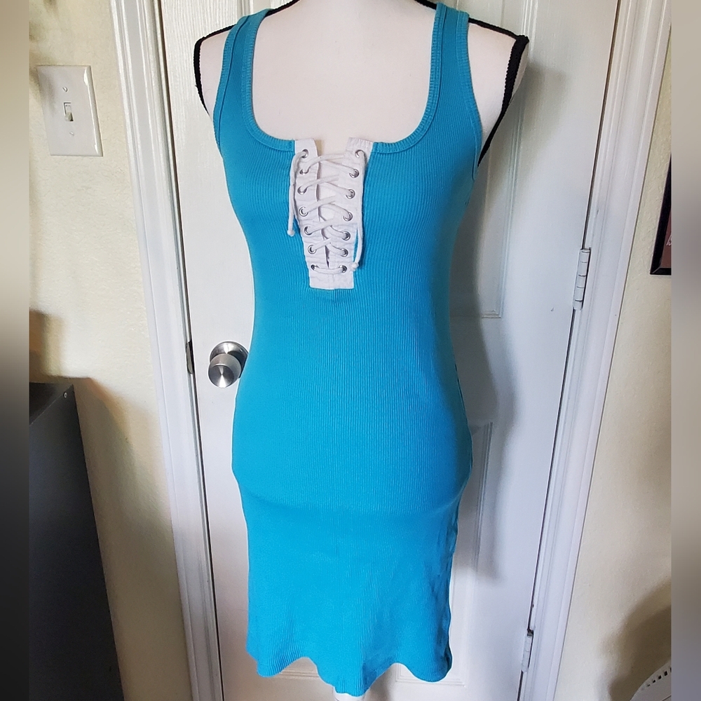 VENUS Vibrant Blue Ribbed Tank Style Dress With White Lacing